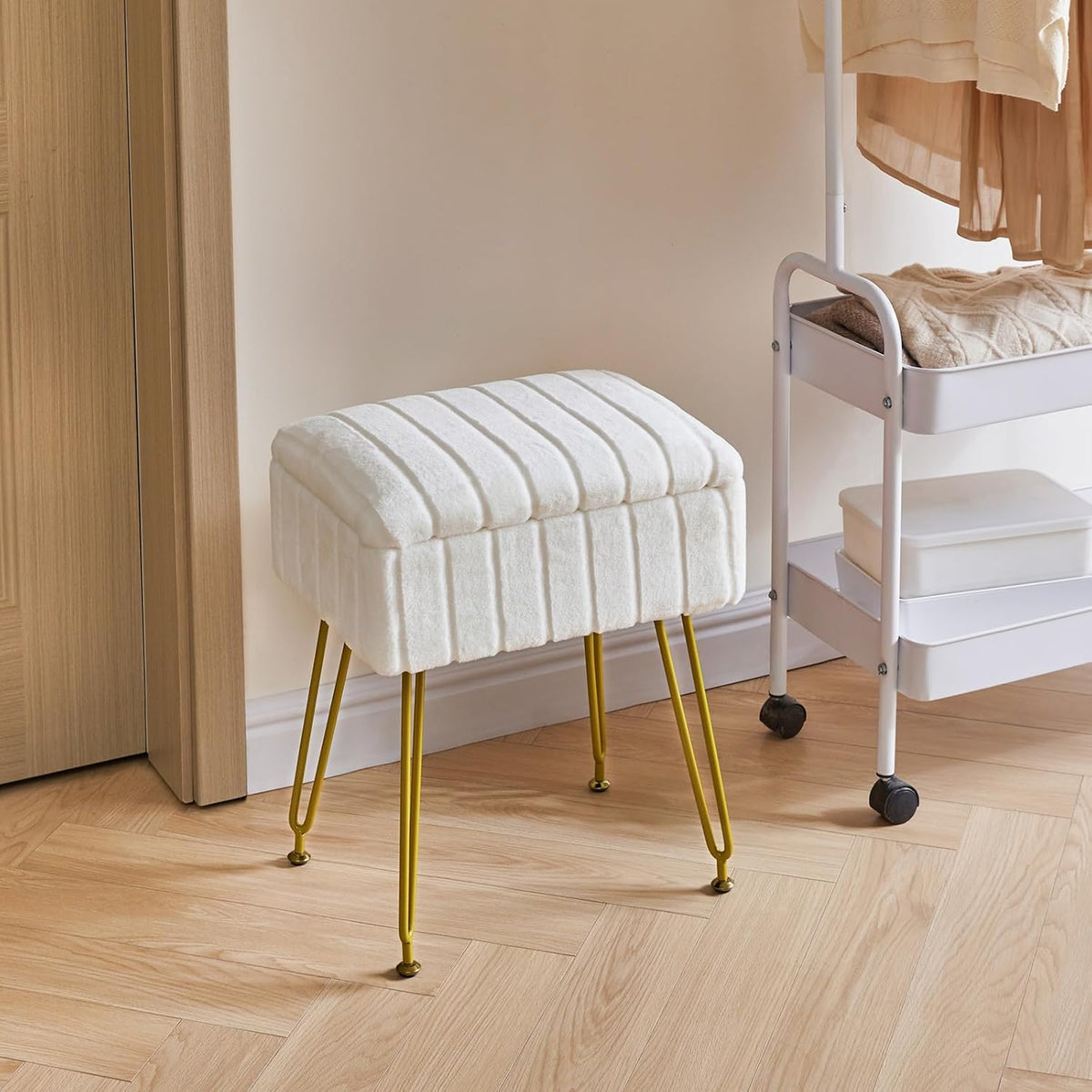 IBUYKE Vanity Chair with Storage, Faux Fur Footrest Ottoman, White LG-50W