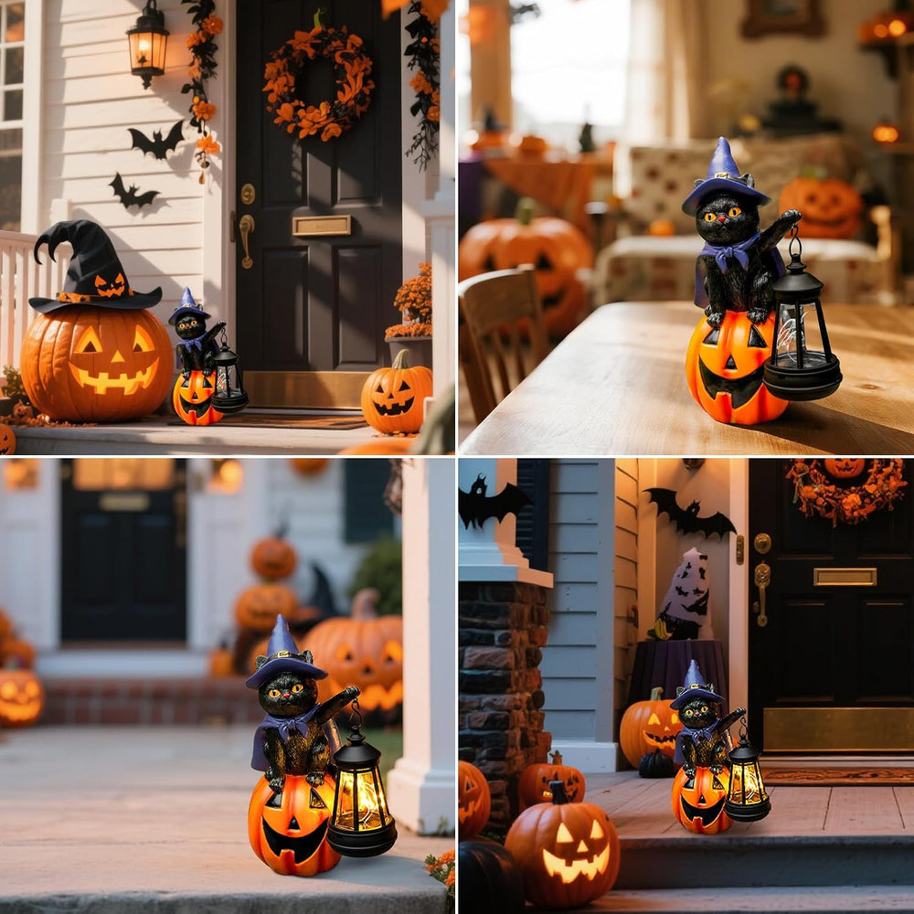 Halloween Black Cat Decor Solar Cat Garden Statues Sit On Pumpkin with LED La...