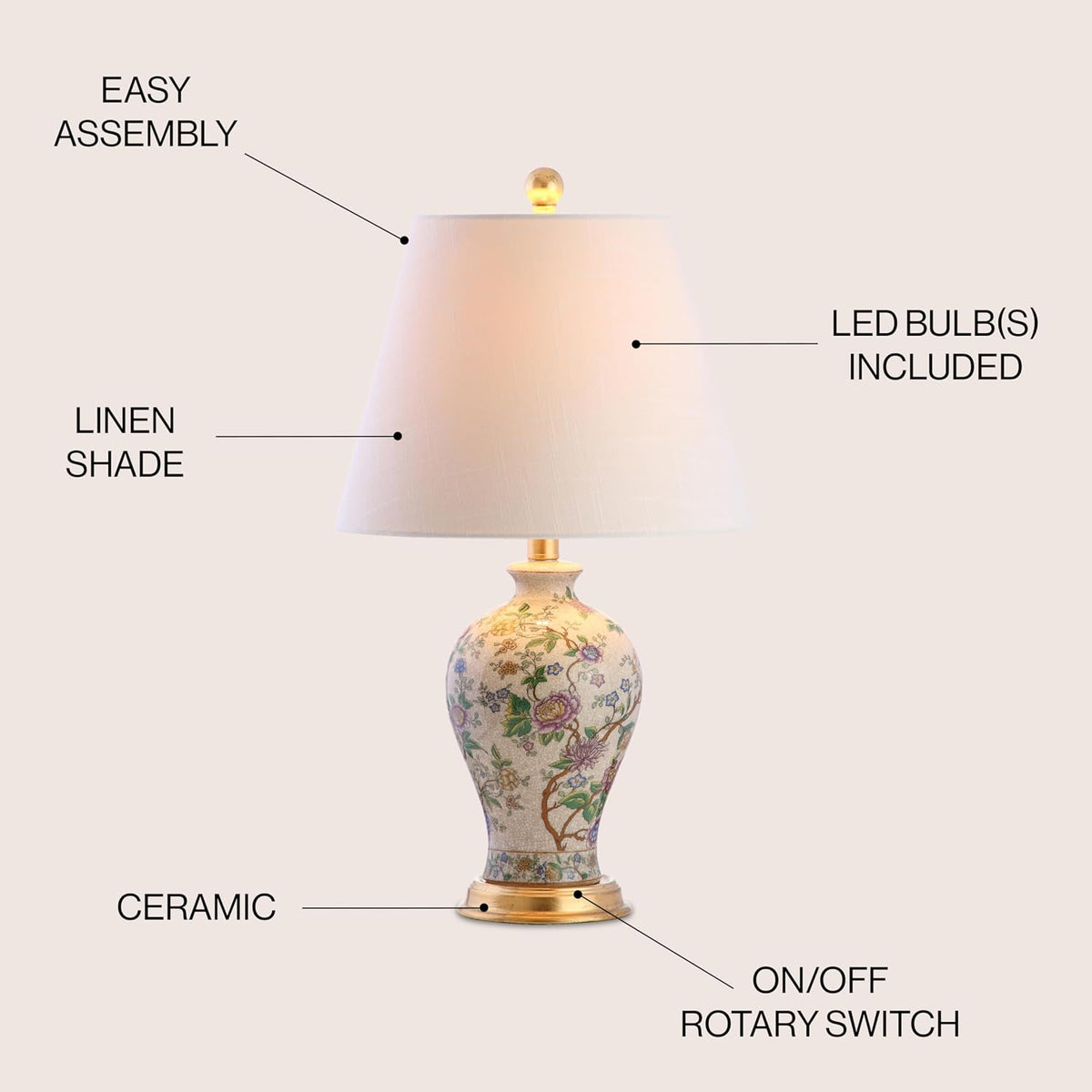 JONATHAN Y Grace 24" French Country Floral Urn Ceramic Lamp, Multi-Colored