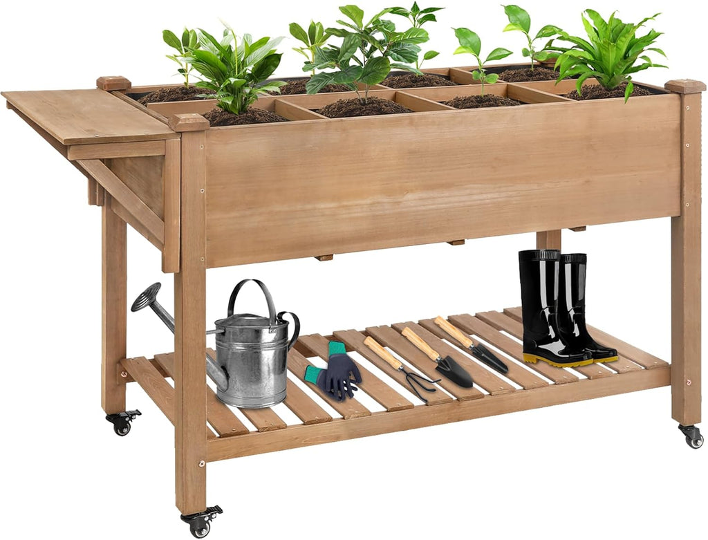 ketive Raised Garden Bed with Lockable Wheels Mobile Elevated Wood Planter,Storage Shelf, Protective Liner,55.5x24x32in (Brown)