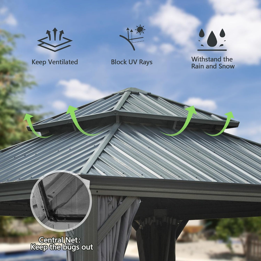 Domi 12'X12' Gazebo, Hardtop Gazebo for Patio with Drainage System, Gray