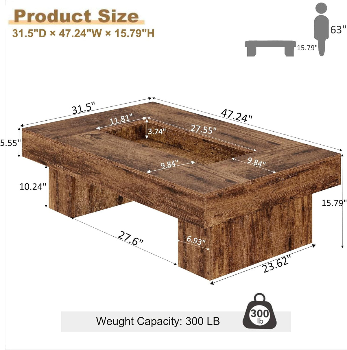 LVB 47"X31" Large Rectangle Wood Coffee Table for Living Room Rustic Brown