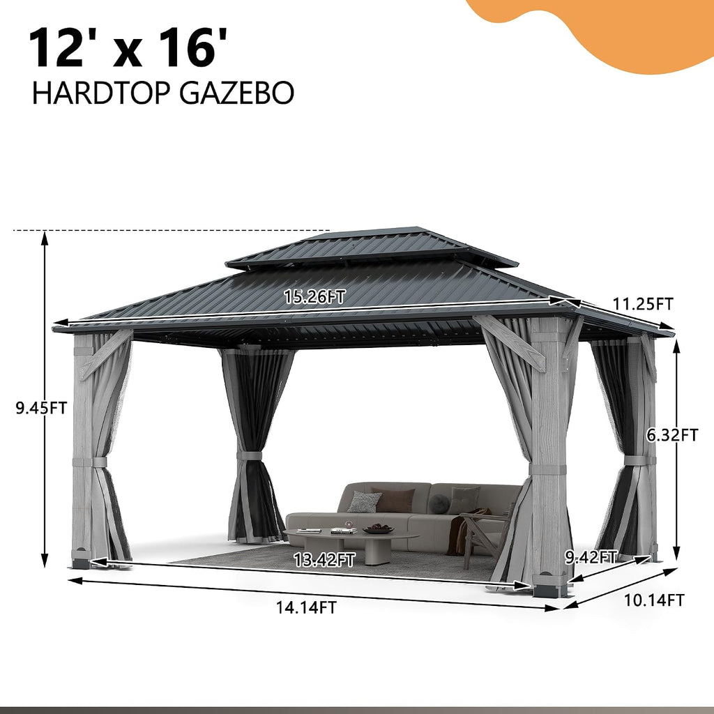 12'x16' Hardtop Wood Gazebo, Outdoor Double Roof Galvanized Steel Top Gazebo with Wooden Post, Curtains & Netting for Backyard, Patio, Deck (12x16 FT)