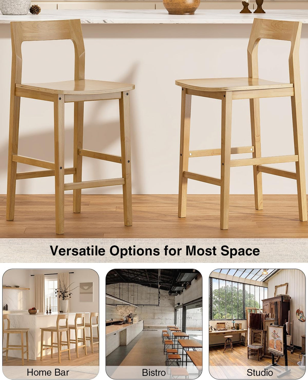 Wood Barstools Set of 4, Counter Height Bar Stools Armless Farmhouse Wooden Bar Dining Chairs with Back & Footrest for Kitchen Island Cafe Pub, Natural Oak