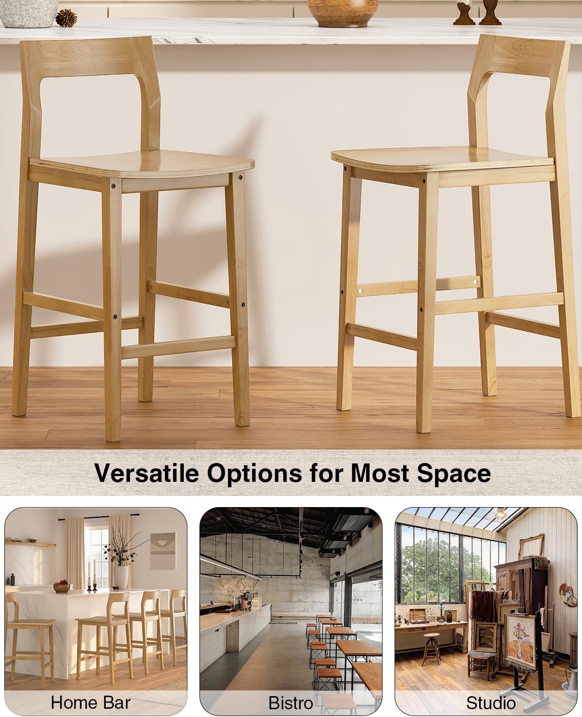 Wood Barstools Set of 4, Counter Height Bar Stools Armless Farmhouse Wooden Bar Dining Chairs with Back & Footrest for Kitchen Island Cafe Pub, Natural Oak
