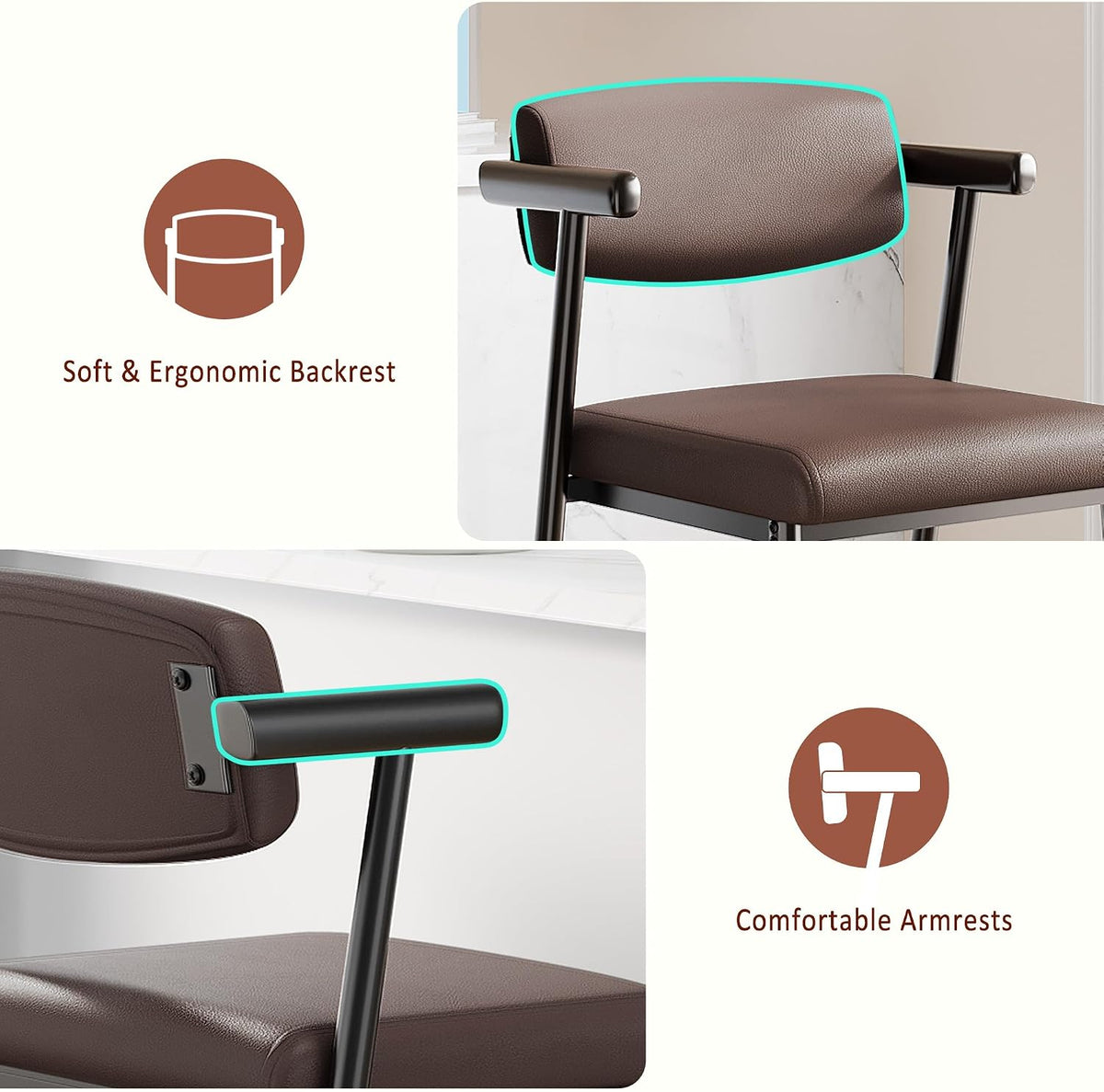 Garvee Bar Stools Set of 2 with Arms & Footrest, 2 Pcs Metal Modern Counter Height Barstools Set w/Wider Seat & Back, 26" Tall Bar Chairs for Kitchen Island, Counter Bar, Easy Assembly, Rustic Brown