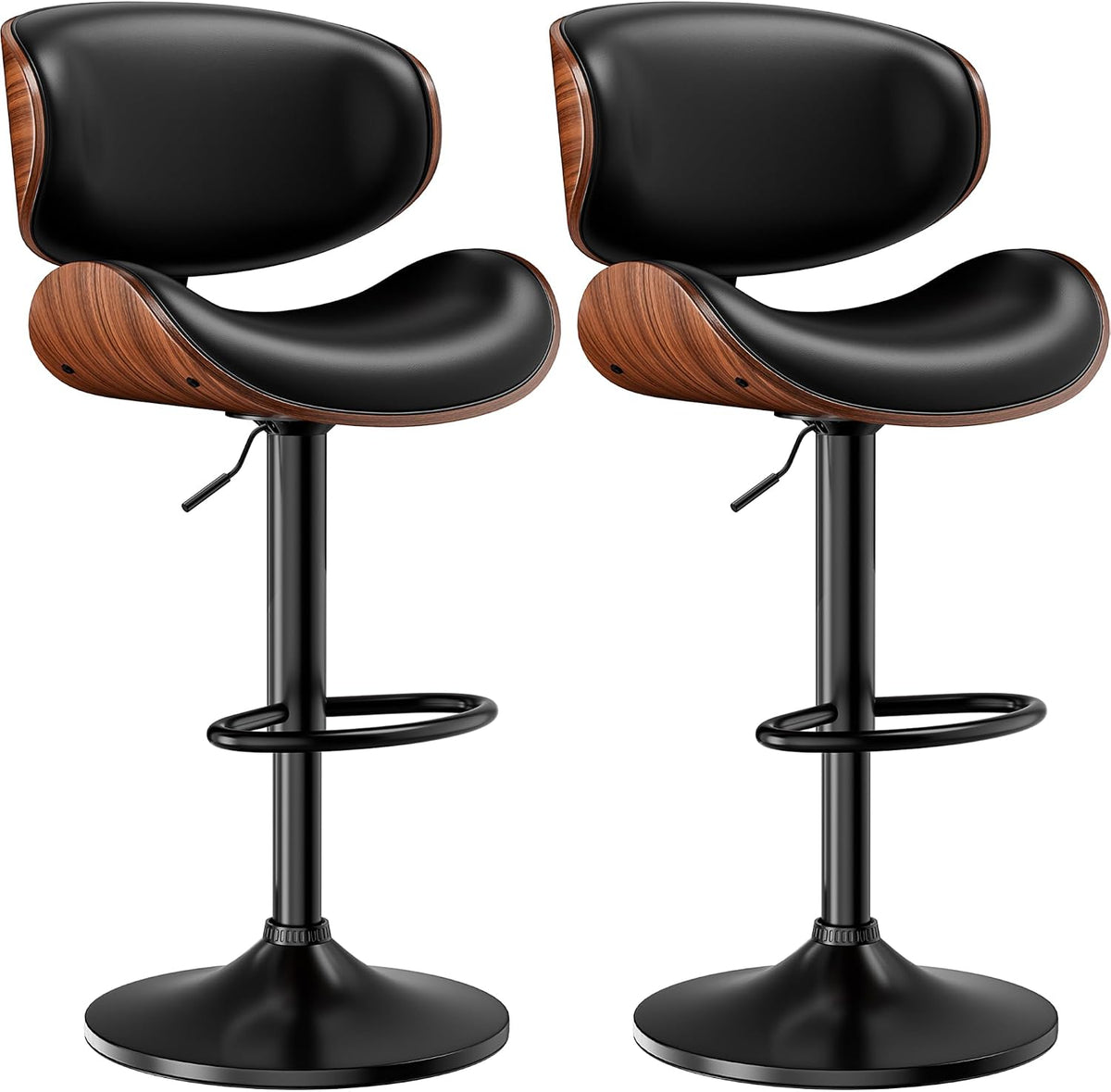Bar Stools Set of 2, Swivel Adjustable with Bentwood Backrest, Black