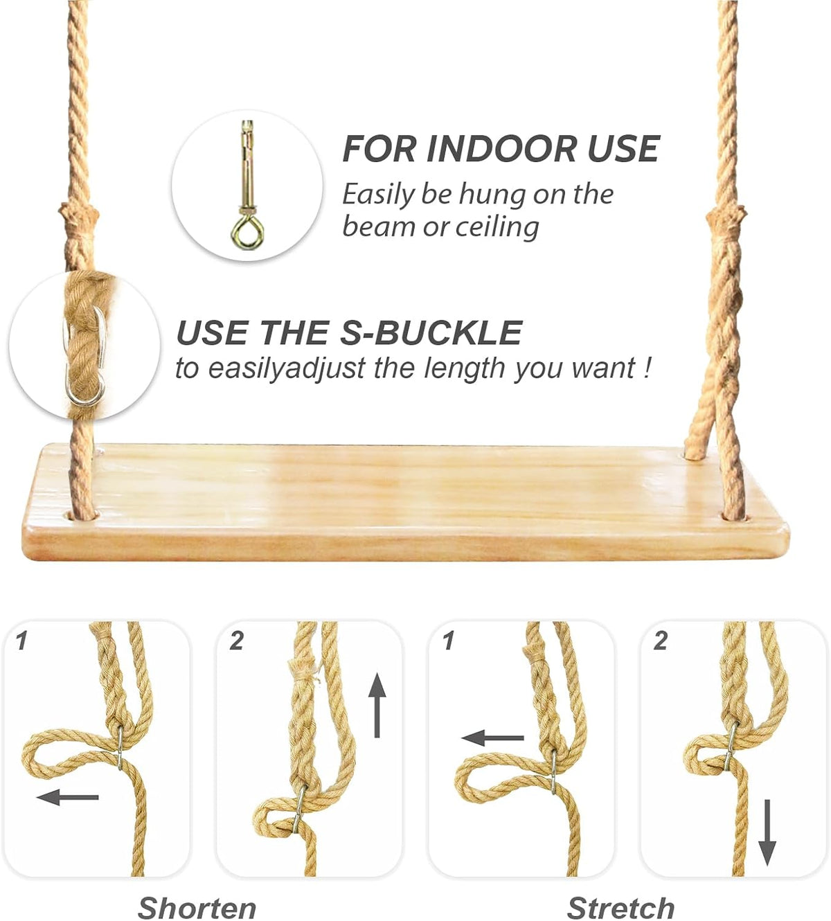 Hanging Wooden Tree Swing with Adjustable Hemp Rope & Extendor Tree Straps