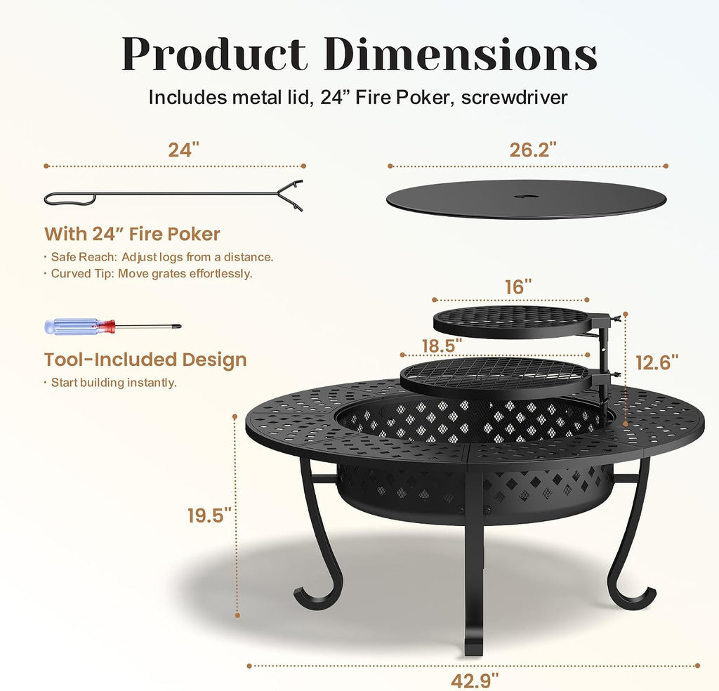 43" Fire Pit, Firepit with Adjustable 2 Grills & Lid & Fire Poker for Patio