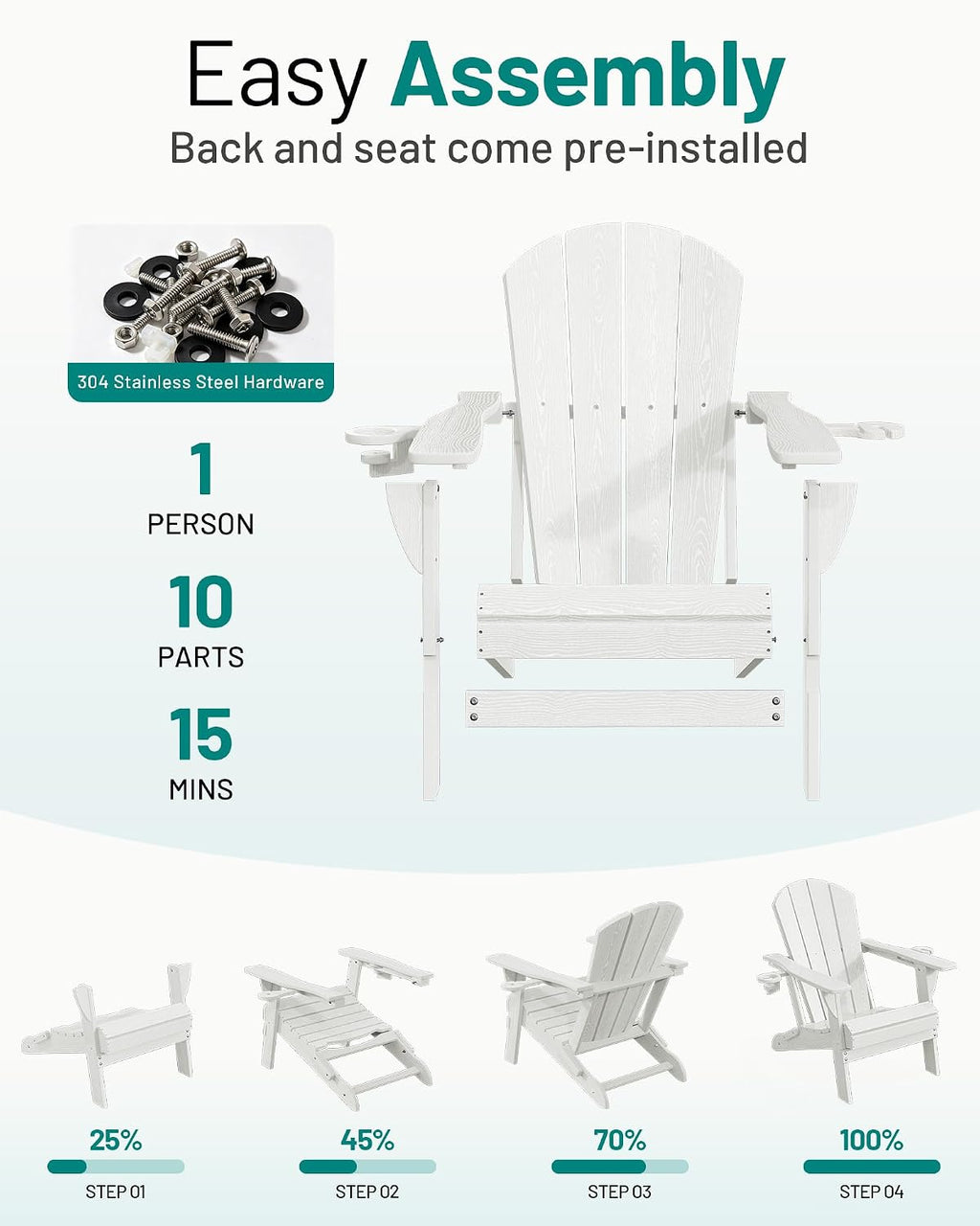 PLUUV Folding Adirondack Fire Pit Chairs Set of 6 with Cup Holders,White