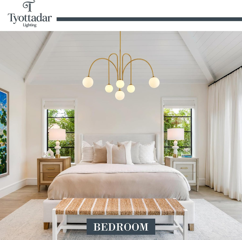 Modern Sputnik Chandelier 6-Light Gold Chandelier for Dining Room L41’’ Large Mid Century Pendant Light Fixture with Milk Glass Globe Shades for Living Room Bedroom