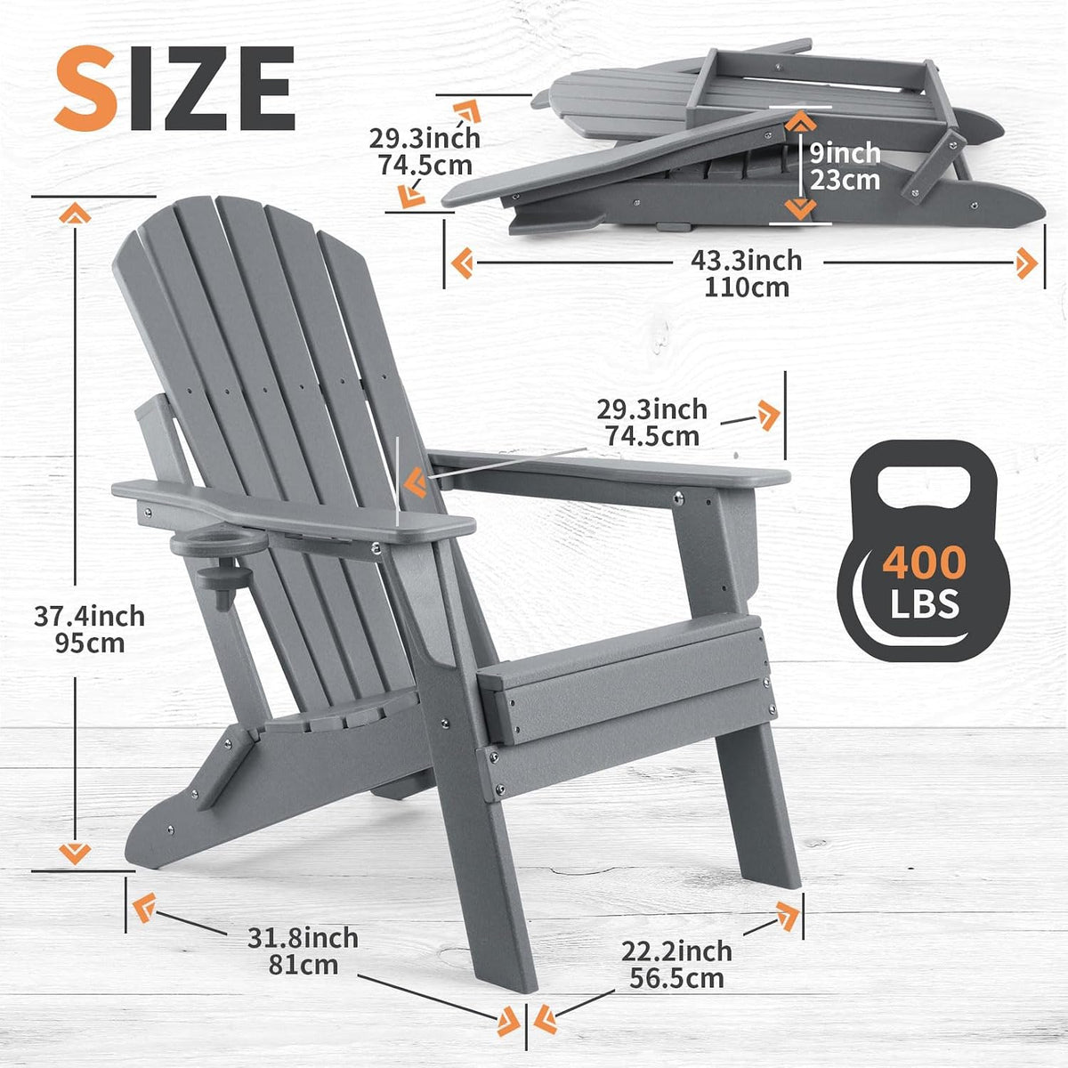 FUNBERRY Oversized Folding Adirondack Chair Set of 2, Fire Pit Chair 400LBS