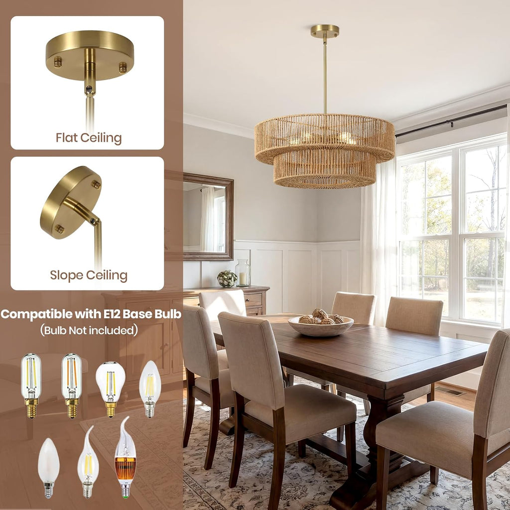 22" boho rattan chandelier, 5-light gold pendant light, side view