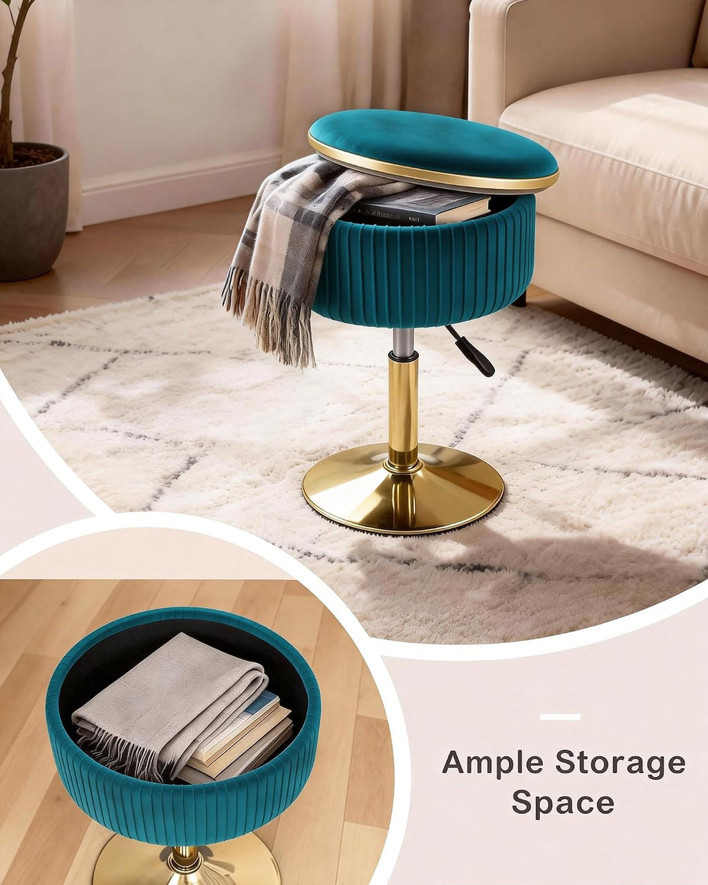 LITZFUR Adjustable Vanity Stool, Swivel Vanity Chair with Storage, Blue
