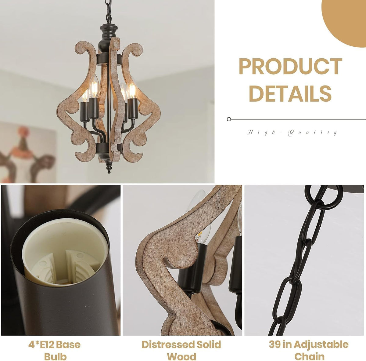 4‑light farmhouse chandelier, adjustable chain lantern pendant light, front angle view