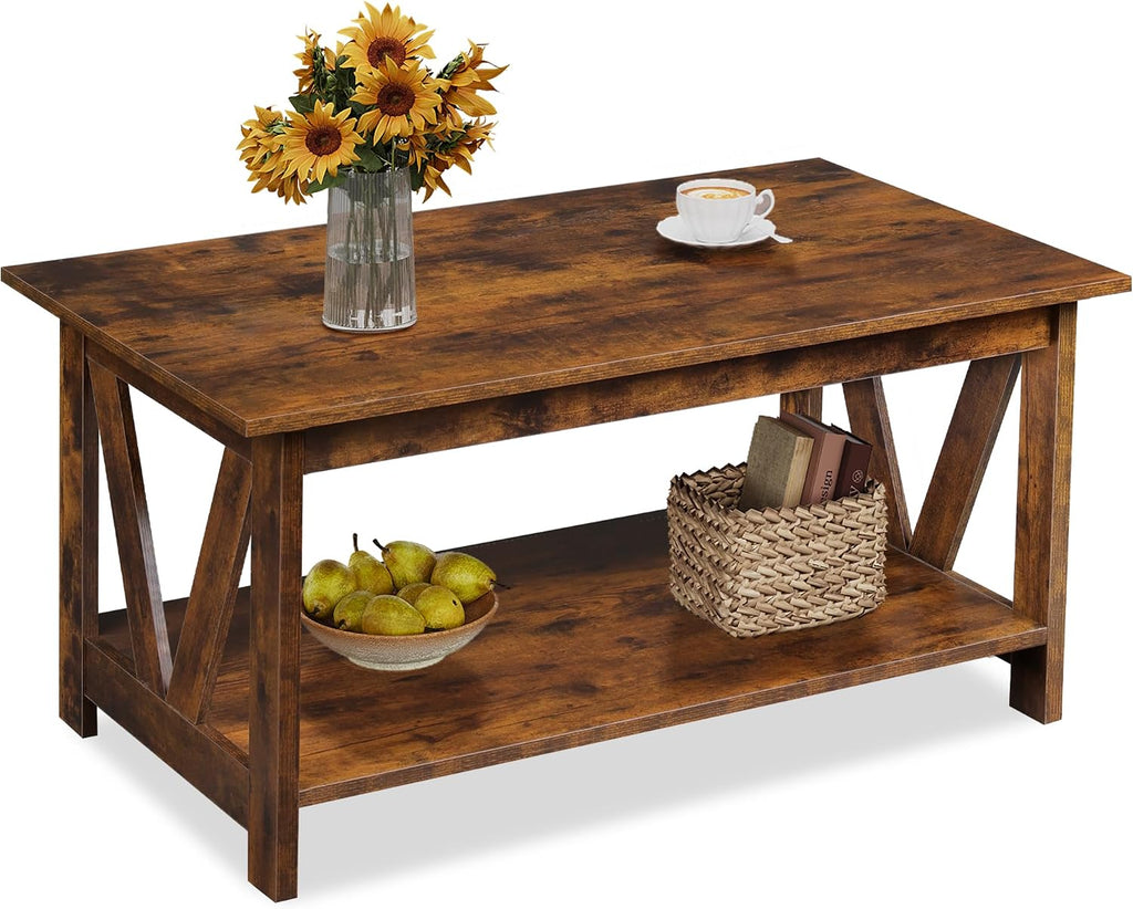 WLIVE 39.4" Farmhouse Coffee Table, Wood Center Table Storage Dark Brown