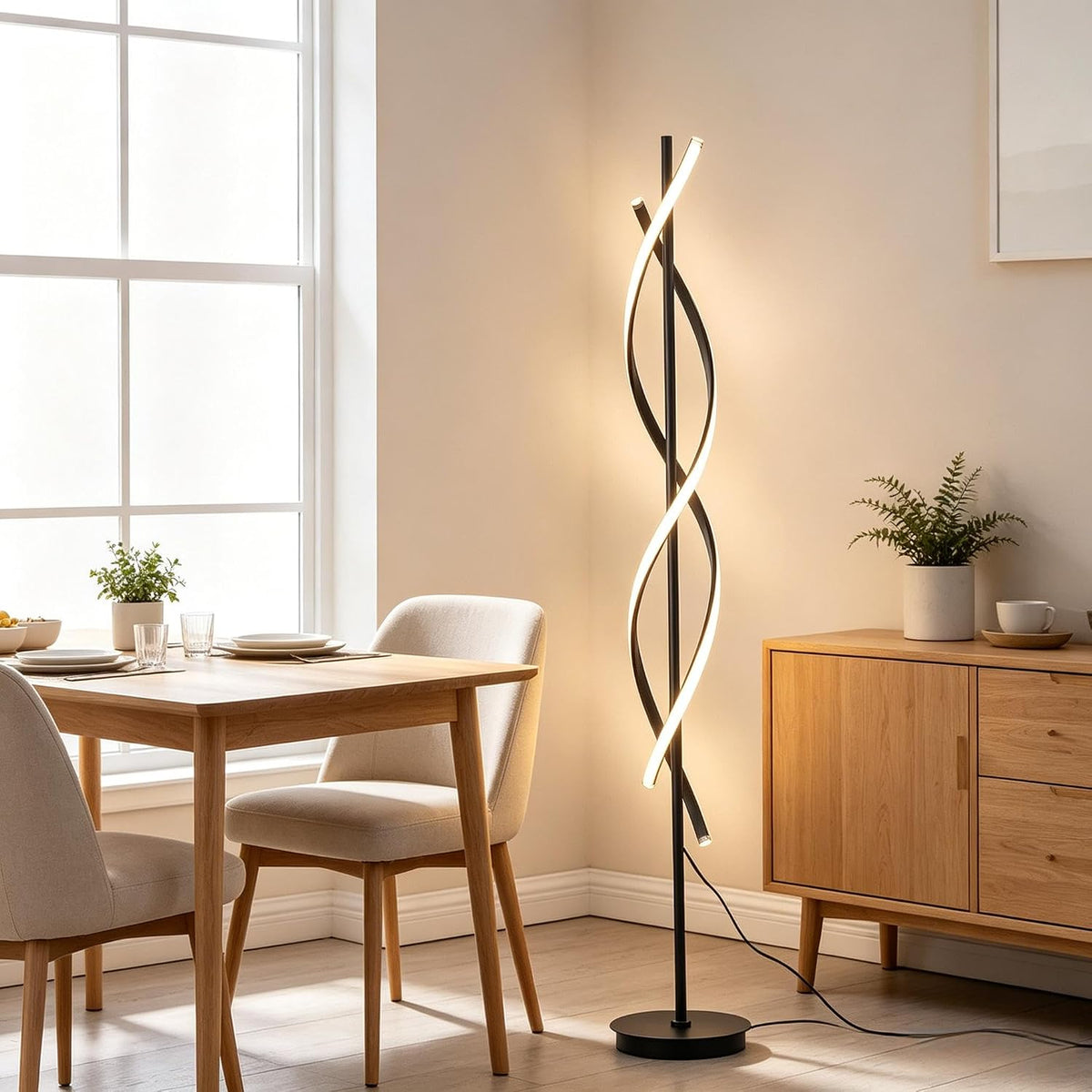 60" Black ModernSpiral Floor Lamp, 40W Dimmable LED Standing Light with Remote & 3 Color Temperatures for Living Room Bedroom Office