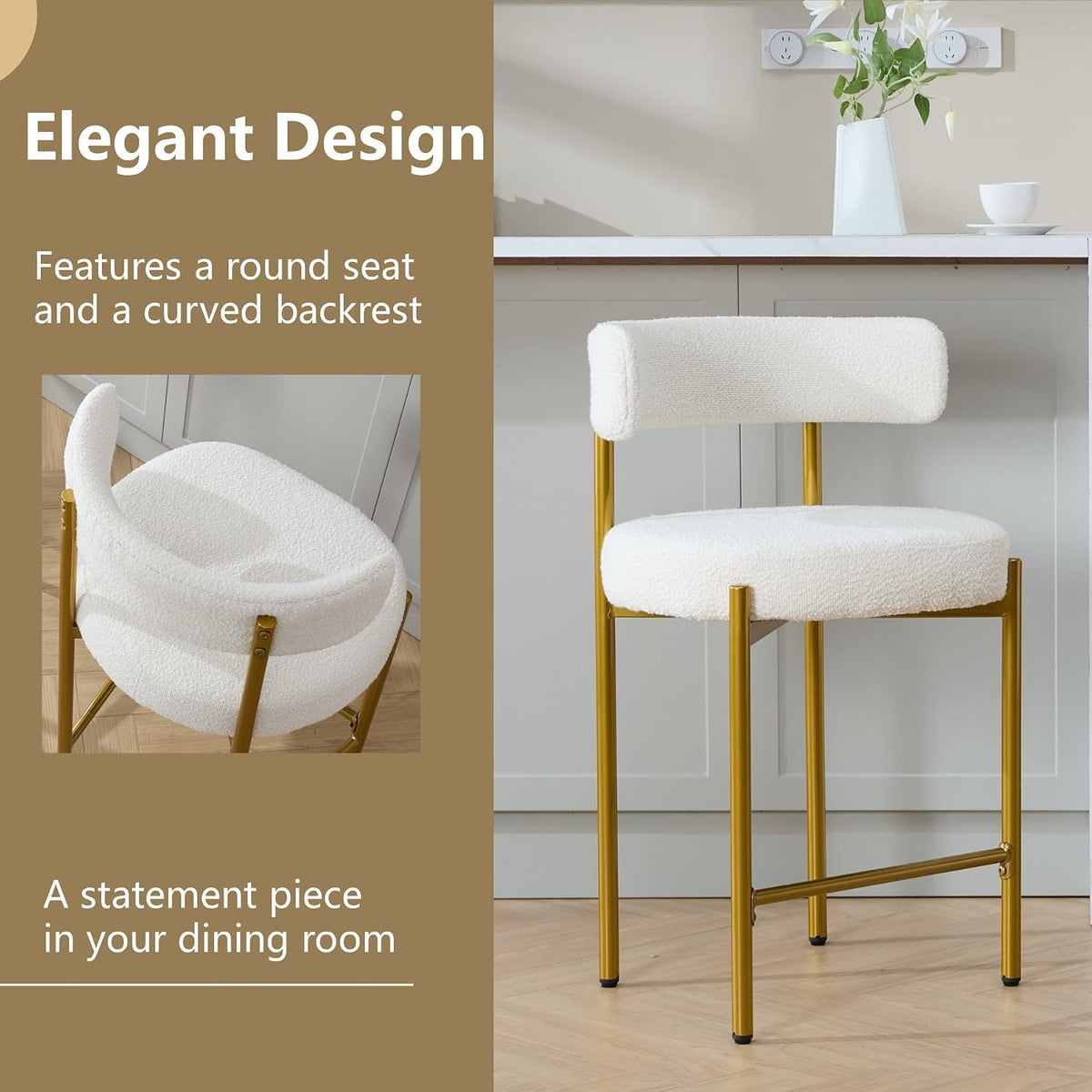 24" Counter Height Bar Stools Set of 4, Gold Legs, Cream White