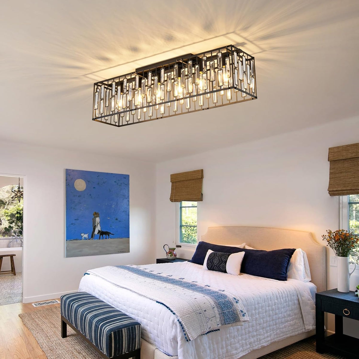 Garwarm 38.7 Inch Crystal Chandelier, 6-Light Black Rectangle Ceiling Light