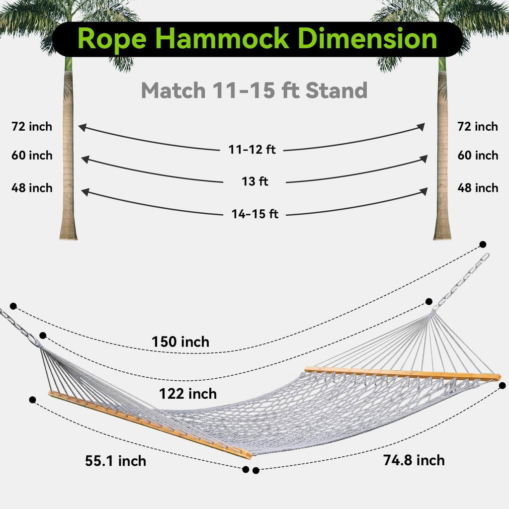 ANAGOO Double Hammock for 2 Person, Handwoven Rope Hammock with Spreader Bar Without Stand - Indoor & Outdoor Use for Patio, Poolside, Backyard (Grey)