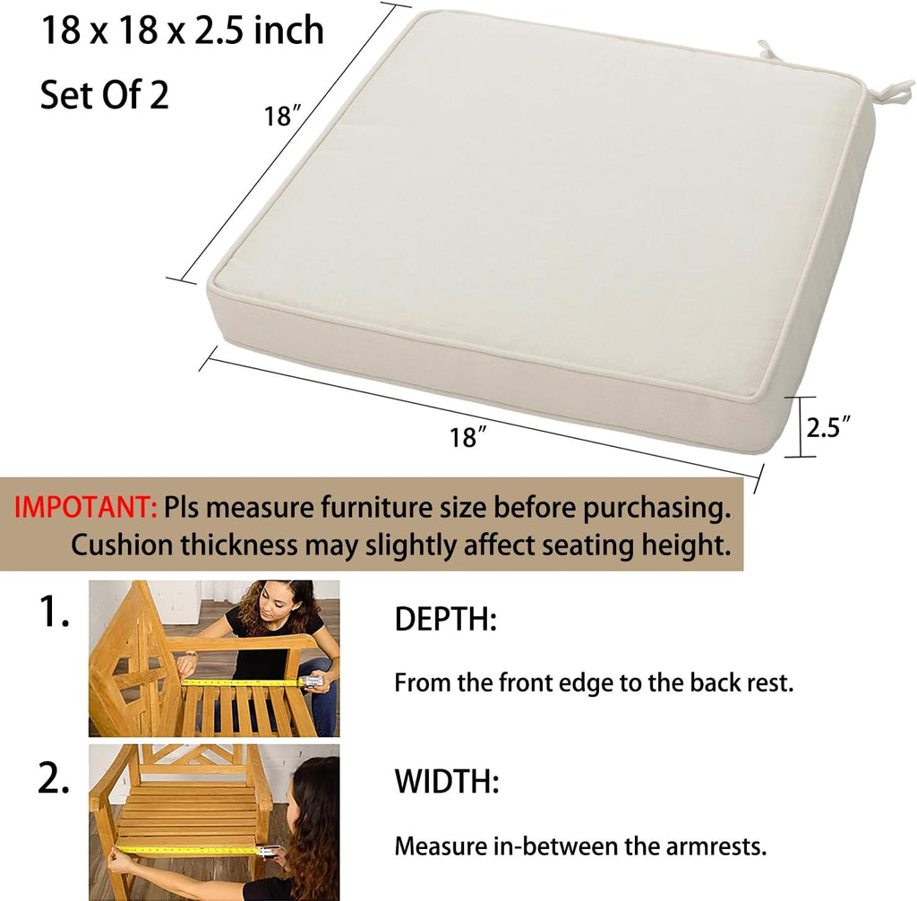 Magpie Fabrics Indoor Outdoor Waterproof Square Chair Cushion, 18 x 18 x 2.5 Inch, 2 Pack, Water Resistant Seat Cushions, for Patio Garden Office, Cream