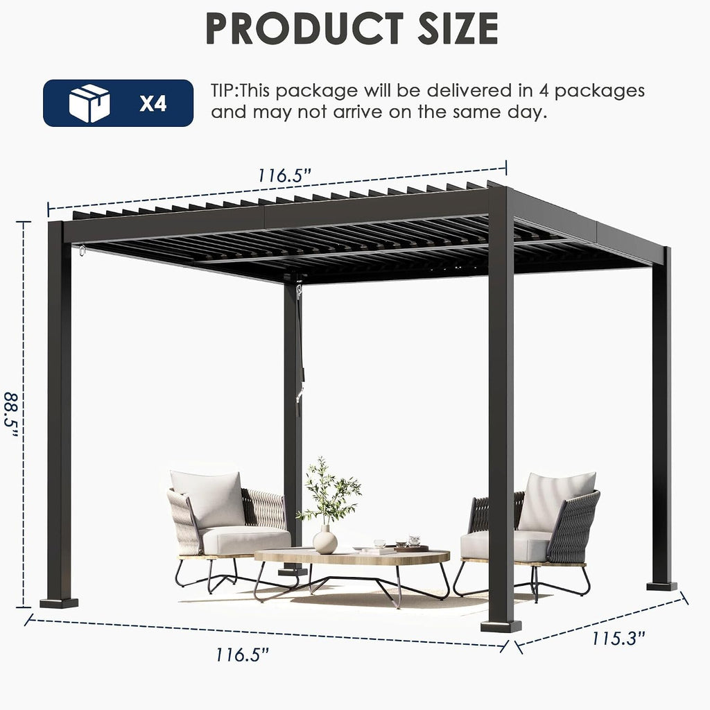 10'x10' Metal Pergola, Outdoor Patio Pergola with Hardtop Roof,Aluminum Pergolas with Curtains,Waterproof Gazebo for Garden,Patio,Gray