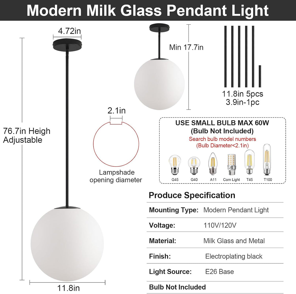 11.8in Milk Glass Pendant Light, Large Mid Century Modern Pendant Lights Kitchen Island, Black Fininsh Hanging Light Fixture for Dining Room Over Table Sink Hallway, Black & Milk 1 Pack