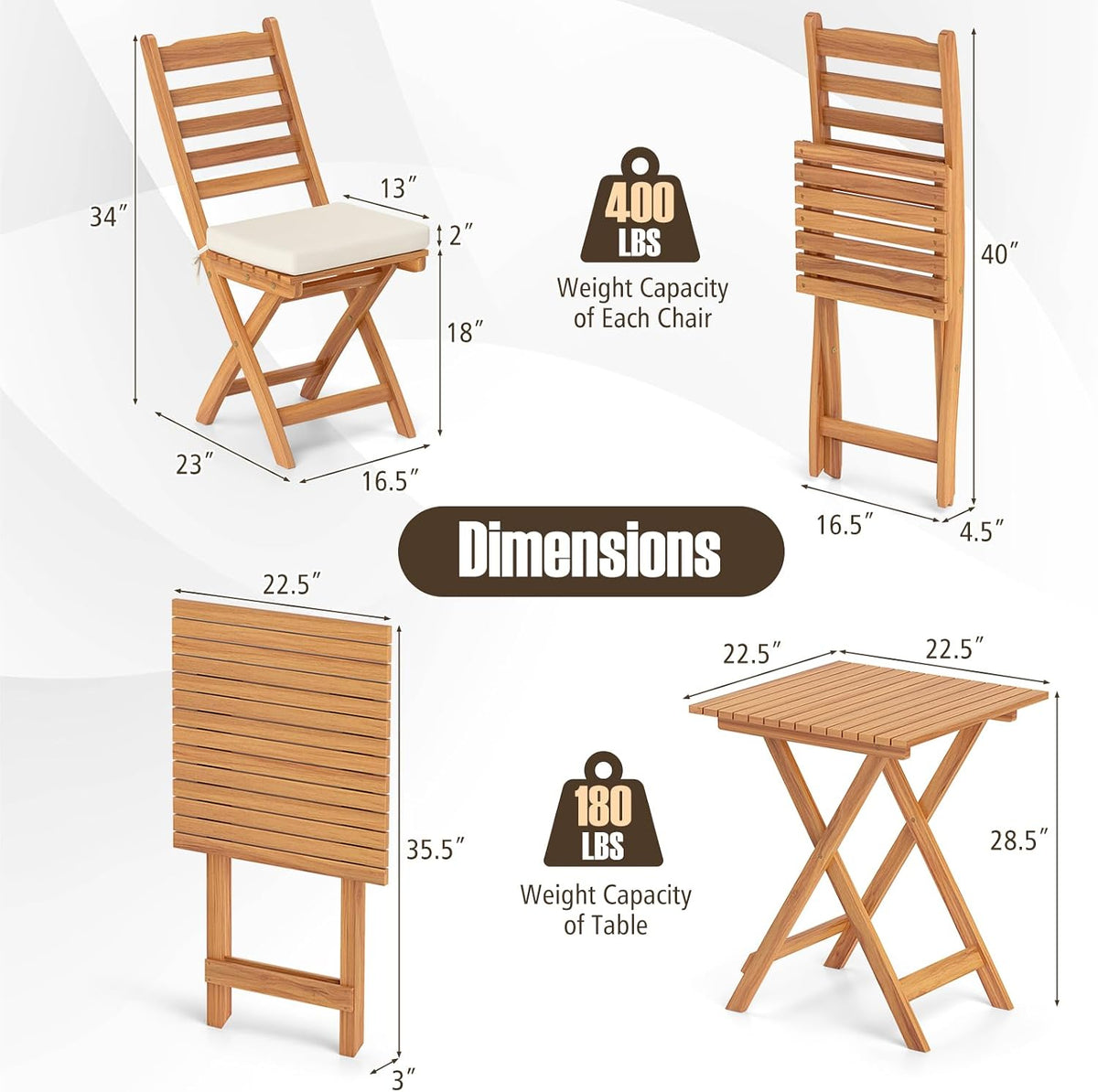 Tangkula Outdoor Wood Bistro Set, Folding Chair Table Set w/Soft Seat Cushions, Acacia Wood High Back Armless Chairs w/Table, Patio Cushioned Dining Set for Backyard, Poolside (White)