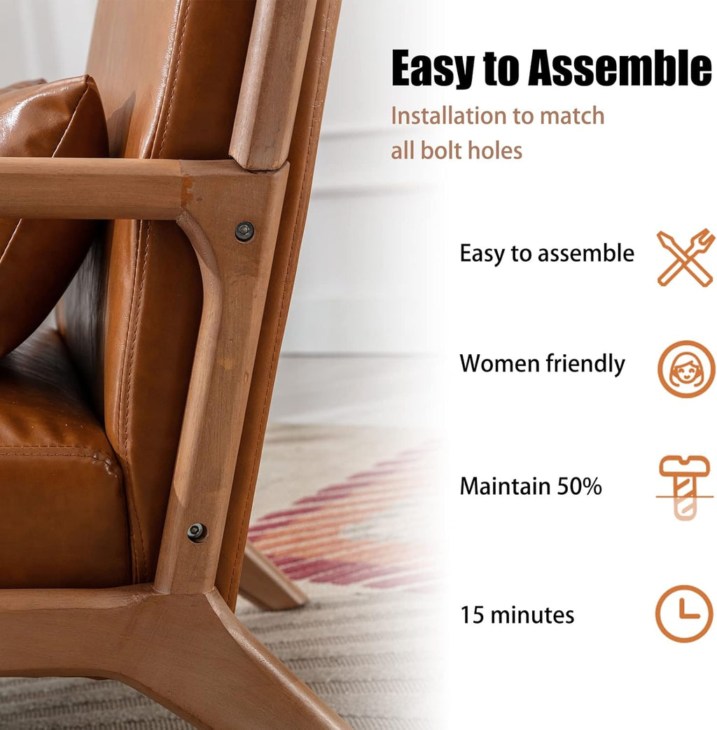 INZOY Mid-Century Modern Accent Chair Set of 2, PU Leather Reading Armchair with Waist Cushion, Upholstered Living Room Chairs for Bedroom Sunroom, Camel Set