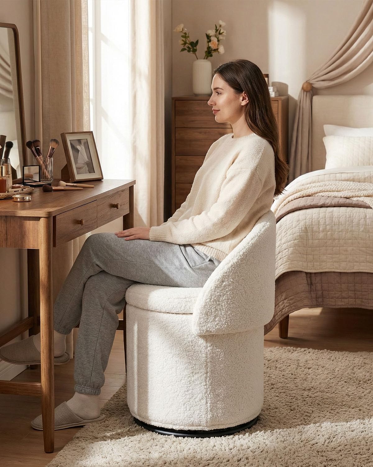 DUOMAY Modern Round Swivel Vanity Storage Stool with Foldable Backrest, Upholstered Ottoman with Removable Lid, Footrest Makeup Stool for Living Room Bedroom, Sherpa White