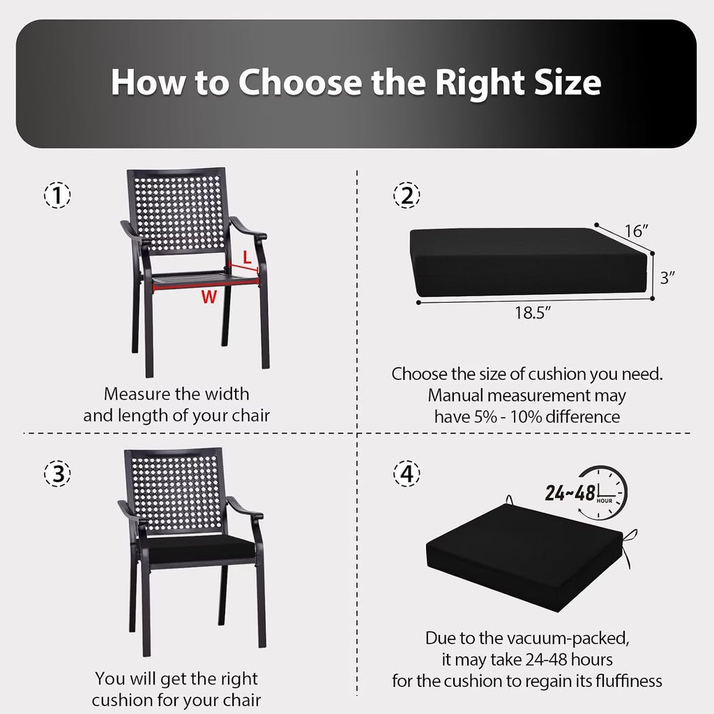 Outdoor Chair Cushions Set of 6, 18.5 x 16 Inch Patio Chair Cushions, Water Resistant, Non-Slip Ties (Black)