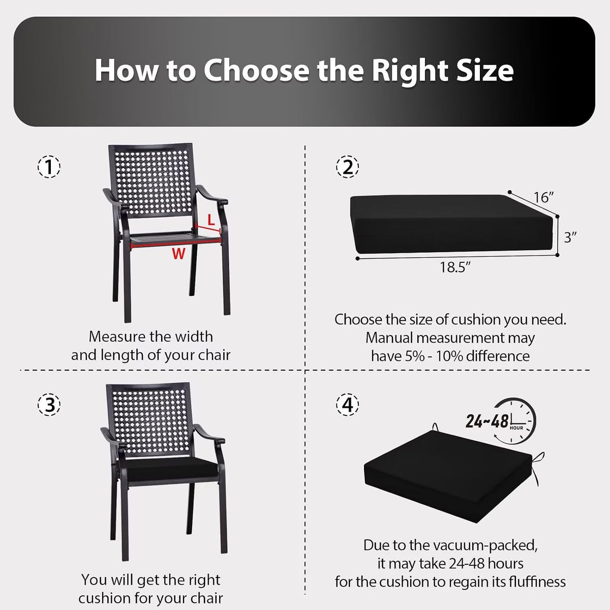 Outdoor Chair Cushions Set of 6, 18.5 x 16 Inch Patio Chair Cushions, Water Resistant, Non-Slip Ties (Black)