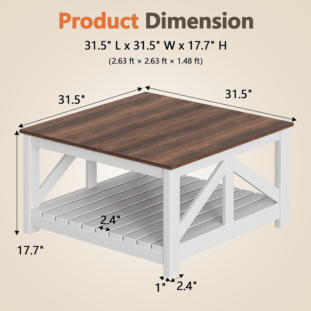 YESHOMY 31.5" Square Farmhouse Coffee Table with Storage, Brown and White