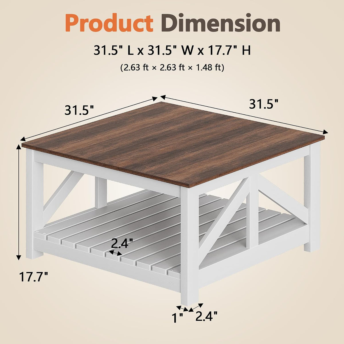 YESHOMY 31.5" Square Farmhouse Coffee Table with Storage, Brown and White
