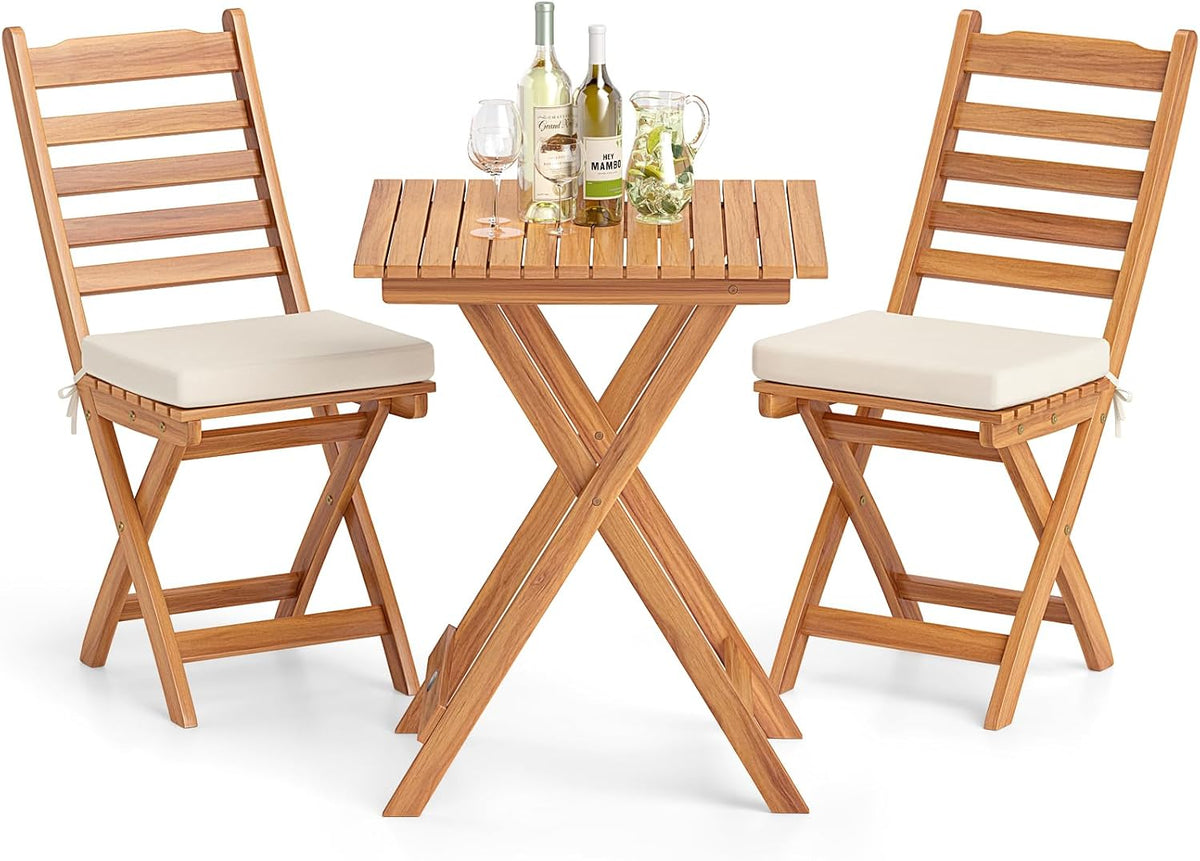 Tangkula Outdoor Wood Bistro Set, Folding Chair Table Set w/Soft Seat Cushions, Acacia Wood High Back Armless Chairs w/Table, Patio Cushioned Dining Set for Backyard, Poolside (White)