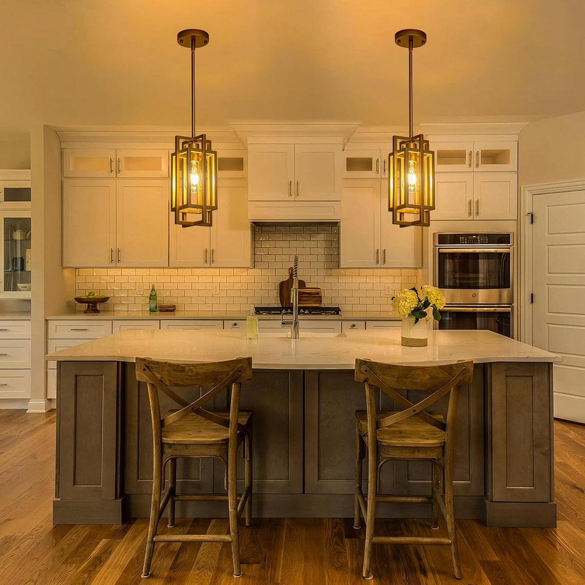 Farmhouse Pendant Light Fixtures, Gold Modern Pendant Lights 59'' Adjustable Small Square Pendant Ceiling Hanging Light for Kitchen Island Dining Room Entryway