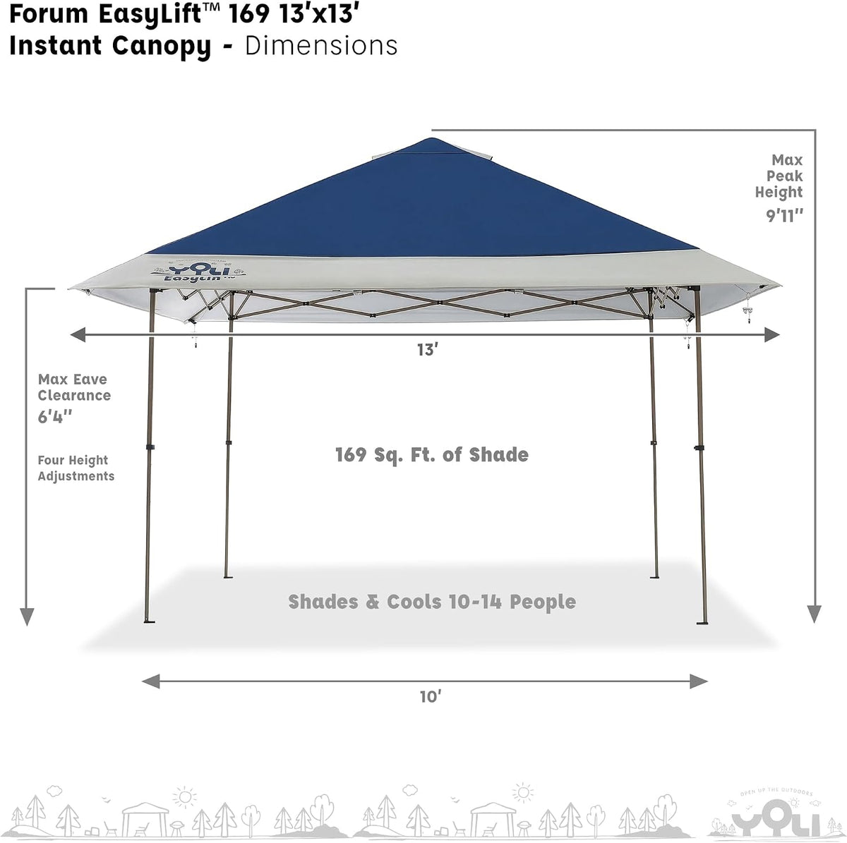 YOLI Forum EasyLift 169 Instant Pop Up Canopy, 13x13 Top on 10x10 Base, Aluminum Backed Vented Shelter, Patio and Hot Tub Cover - Blue & Beige