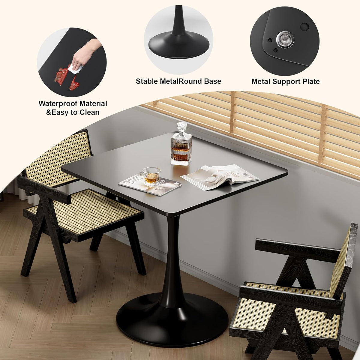 24 inch Black Small Dining Table for 2 or 4 person,24x24 Square Tulip Table