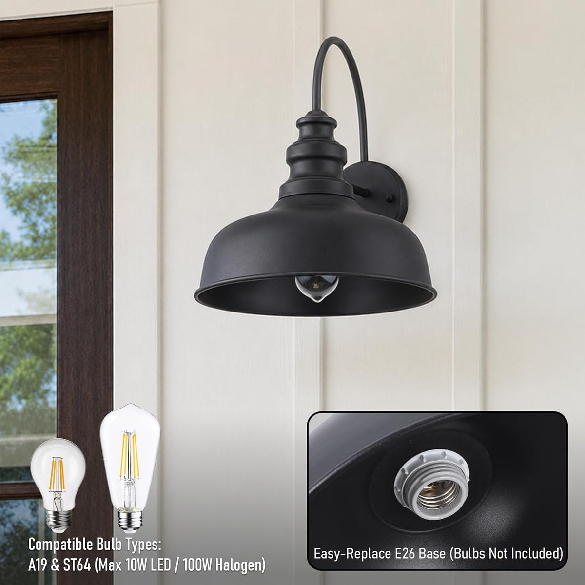 LEONLITE 11 Inch Outdoor Gooseneck Barn Light, E26 Base, Black