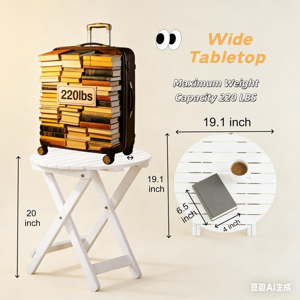Outdoor Small Table, Round Folding Wooden Patio Side Table Furniture End Table for Adirondack Chair, Balcony, Porch, No Assembly Required, White