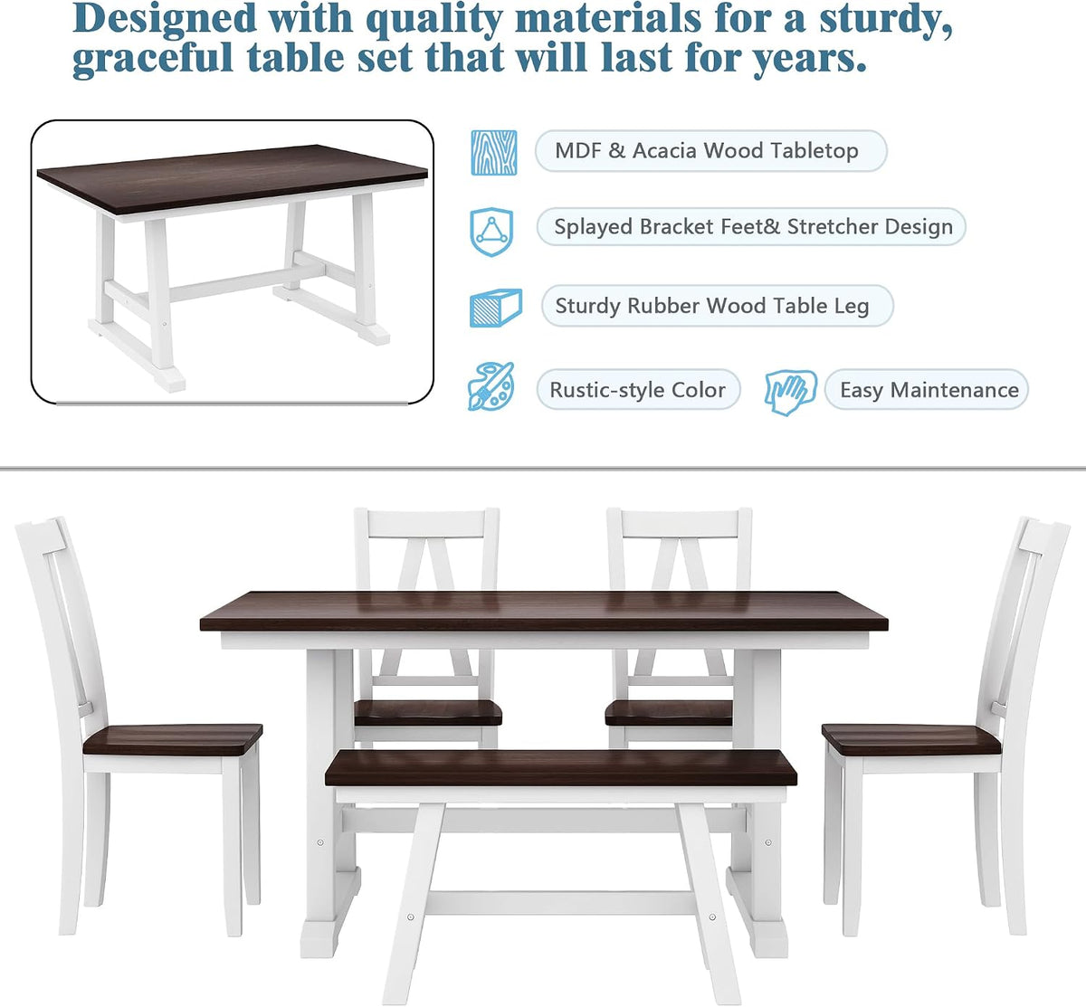 Harper & Bright Designs 6-Piece Dining Set, Farmhouse Style Wood Dining Table and 4 Dining Chairs & Long Bench, Kitchen Table Set, Walnut+White