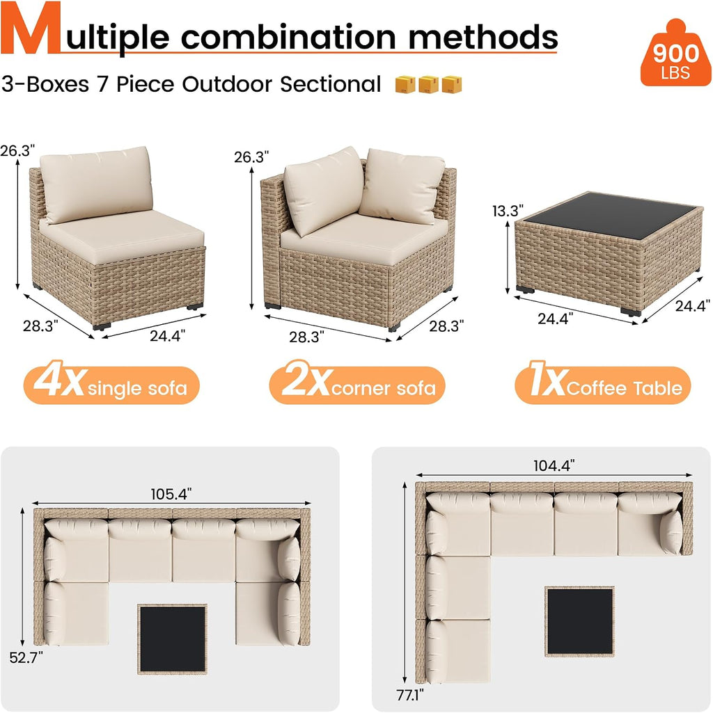 Patio Furniture Set, 7-Piece Outdoor Wicker Sectional Sofa, White