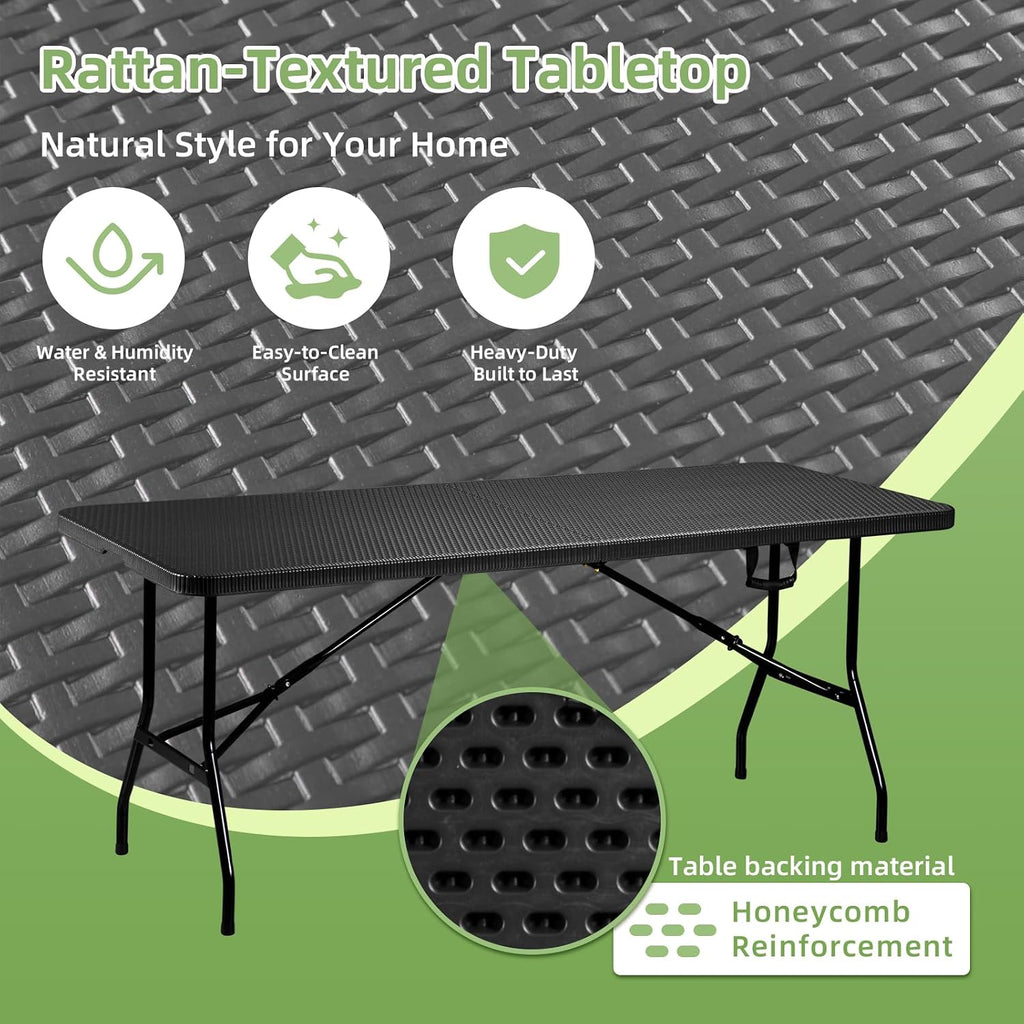 6FT Folding Table Portable Picnic Table Heavy-Duty Fold-in-Half Utility 6 Foot Foldtable Table with Carry Handle for Outdoor Indoor Party, Dining, Wedding, Camping, Black Ratten