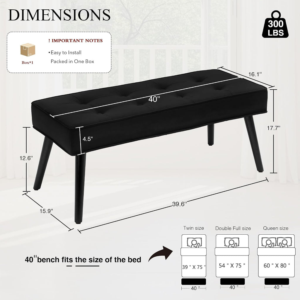 LOULENS Entryway Bench, 40" Modern Velvet End of Bed Bench, Black