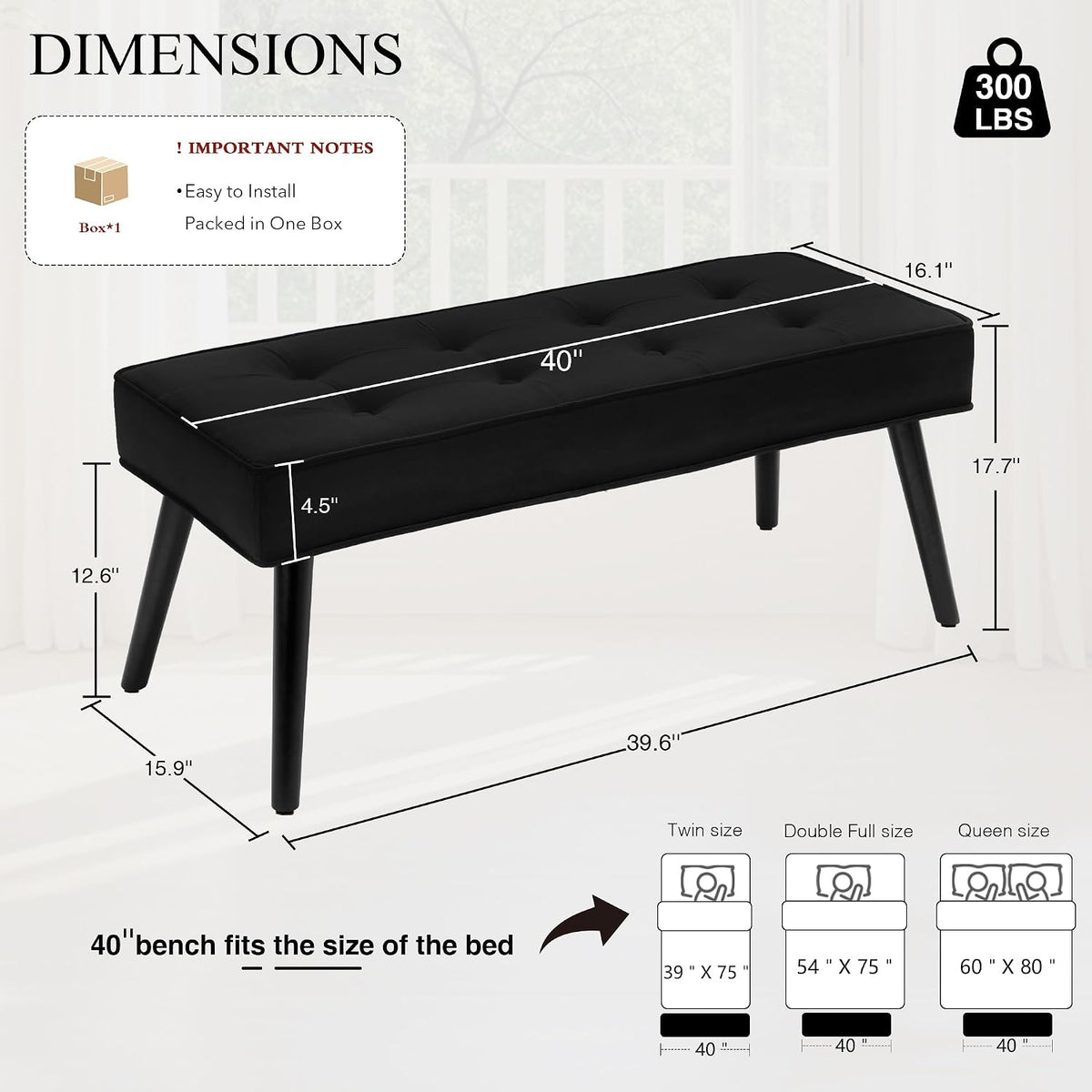 LOULENS Entryway Bench, 40" Modern Velvet End of Bed Bench, Black