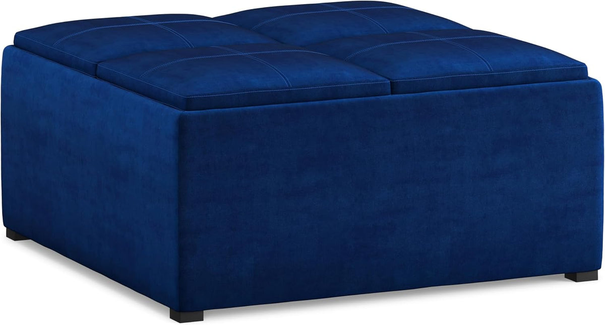 SIMPLIHOME Avalon 35" Wide Velvet Square Storage Ottoman in Blue