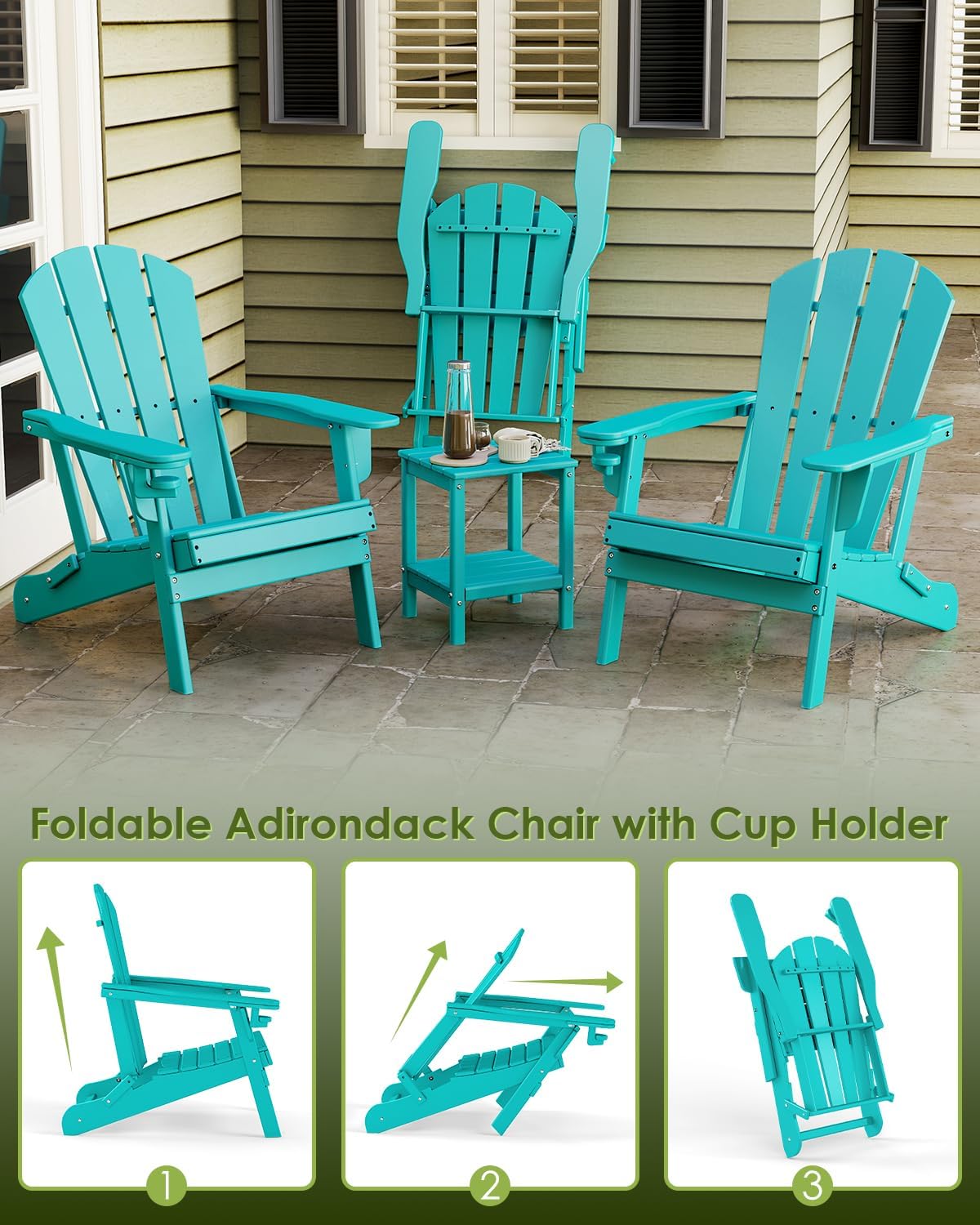 GREENVINES Folding Adirondack Chair w/Cup Holder, HDPE, Aqua