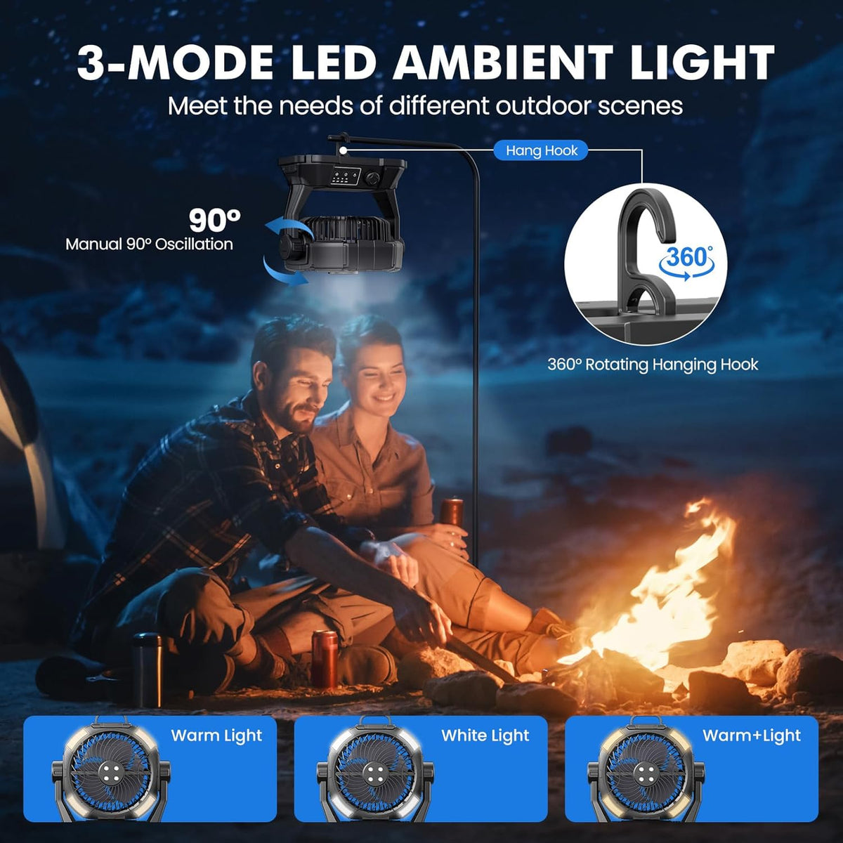 Wilody Portable Misting Fan Rechargeable with Remote Control, 6L Bucket Camping Fan with LED Lights & Stepless Speed Control & Cooling Mist, Portable Handle & Rotate Hook, Timer Function