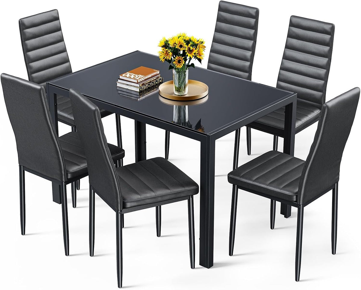 Bealife Kitchen Dining Table Set for 6, Tempered Glass 7 Piece - Black