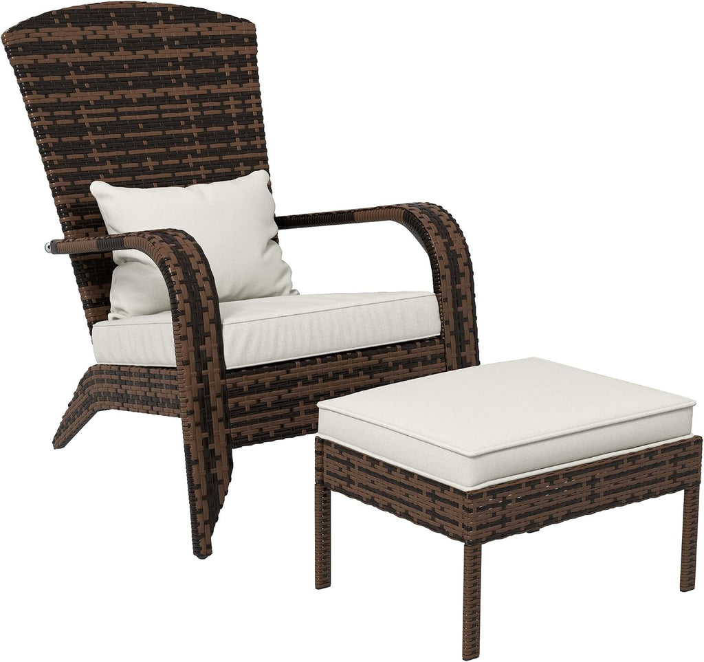Outsunny Patio Wicker Adirondack Chair with Ottoman High-Back Cream White